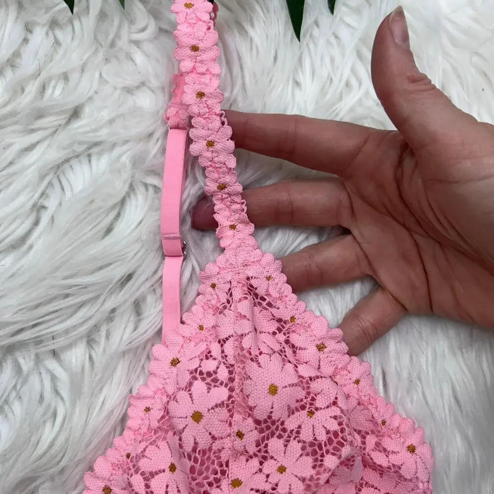 Aerie Pink Daisy Flower Lace Triangle Bralette Large Lightweight Sheer - Picture 3 of 4